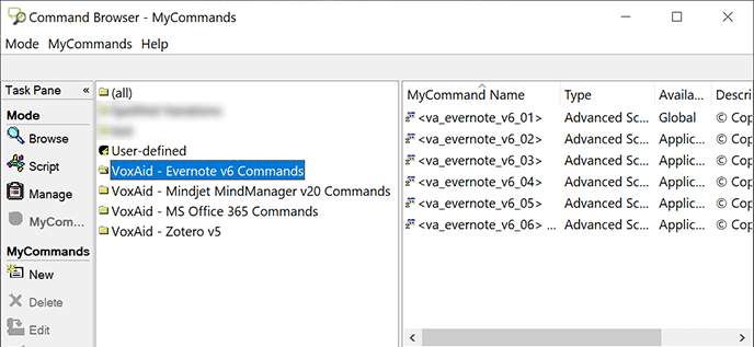 shows VoxAid commands in the command browser